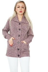Ladies Purple Marl Patterned Knitted Button Down Cardigan