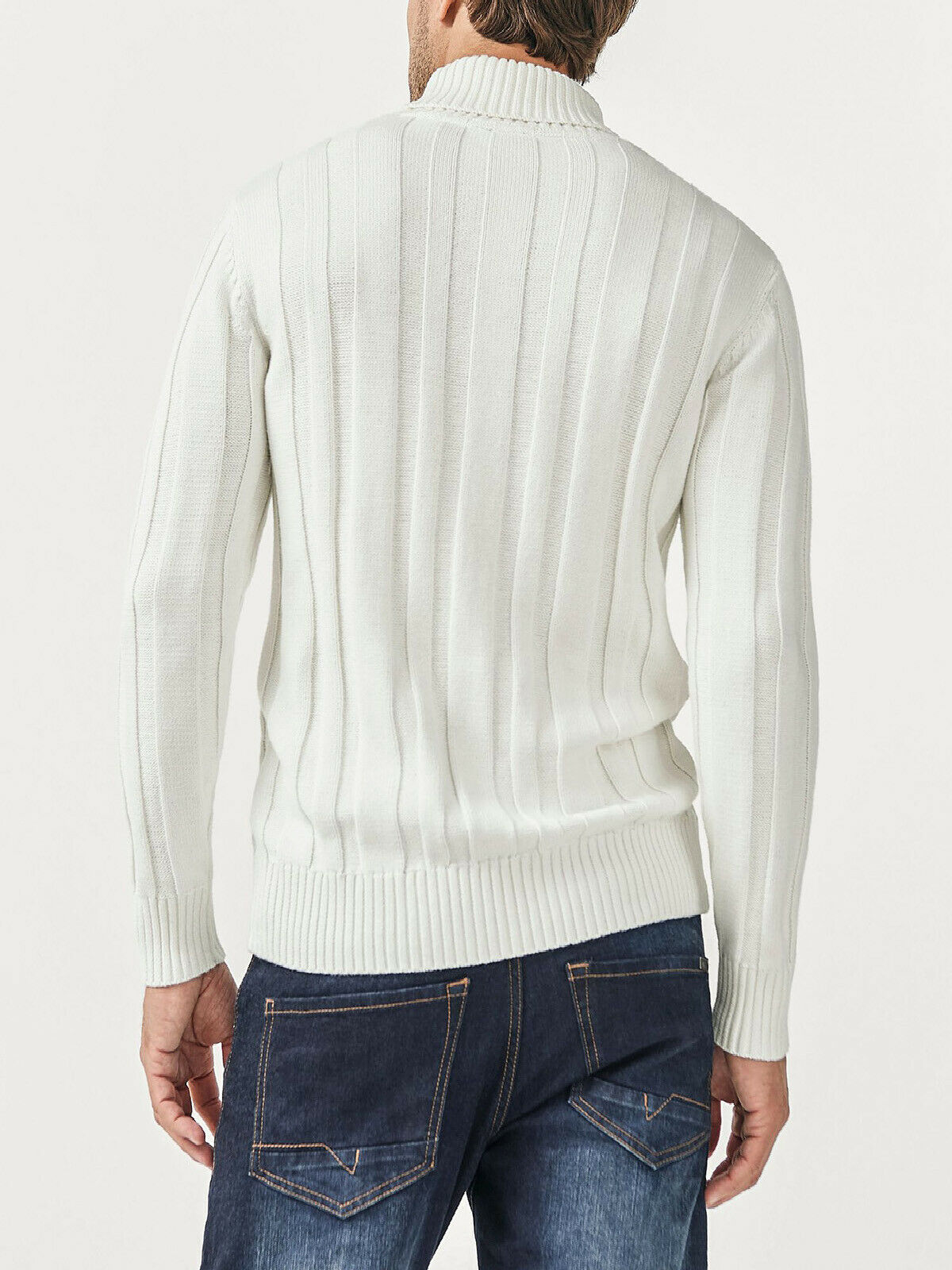 Mens Big &amp; Tall Jumper White Cotton Ribbed Knit Roll Neck Long Sleeve Sweater