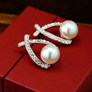 Ladies Gold Plated Cross Pearl Crystal Stud Earrings