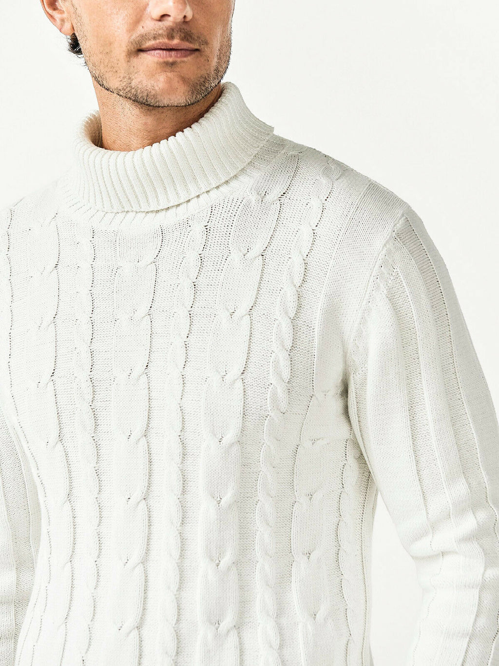 Mens Big &amp; Tall Jumper White Cotton Ribbed Knit Roll Neck Long Sleeve Sweater