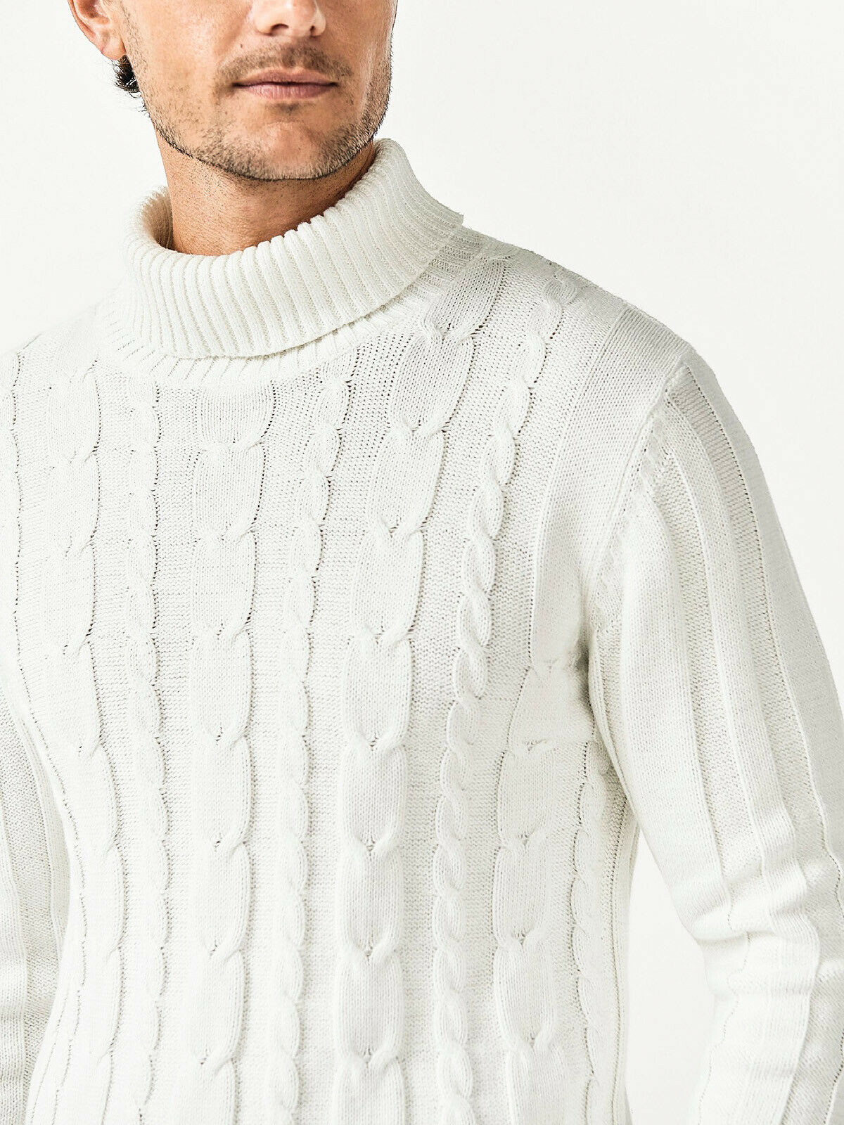 Mens Big &amp; Tall Jumper White Cotton Ribbed Knit Roll Neck Long Sleeve Sweater