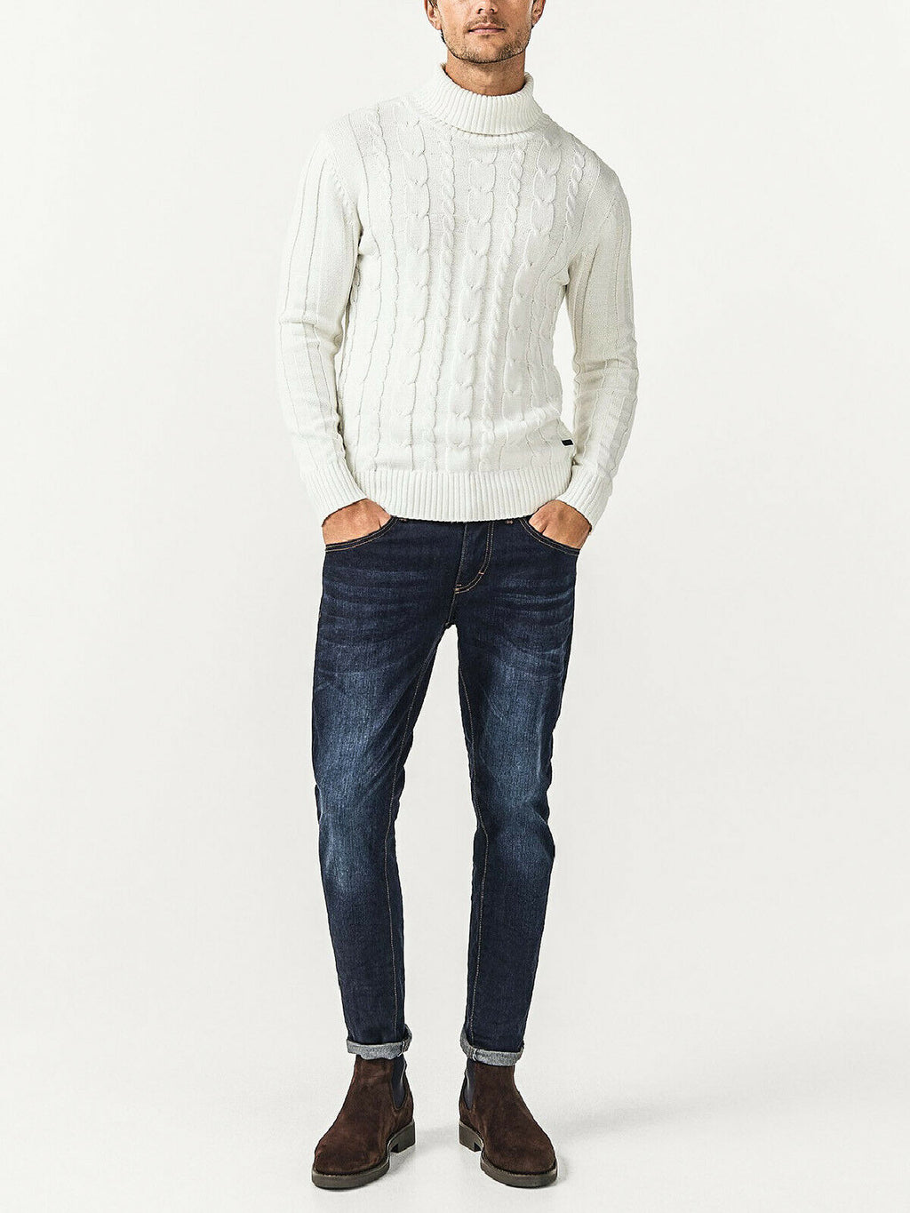 Mens Big &amp; Tall Jumper White Cotton Ribbed Knit Roll Neck Long Sleeve Sweater