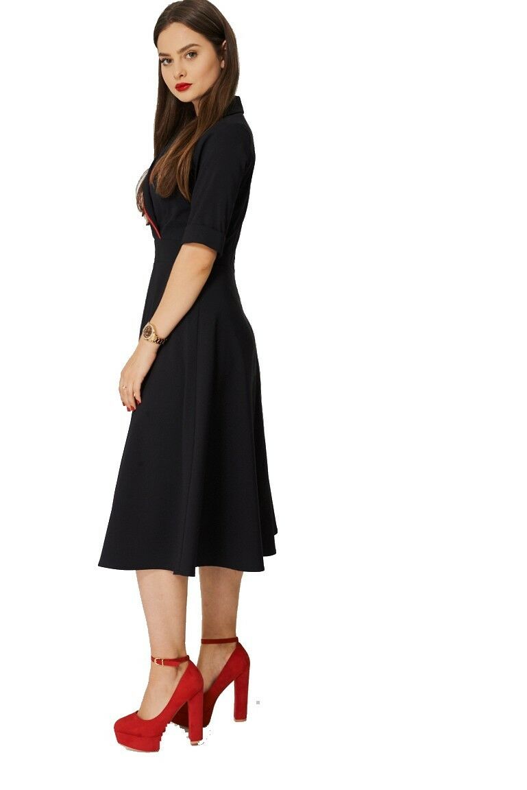 Black Contrast Collar Shortsleeve Skater Dress
