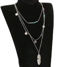 Load image into Gallery viewer, Silver Turquoise Beaded &amp; Circle Feather 3Tier Multilayer Necklace
