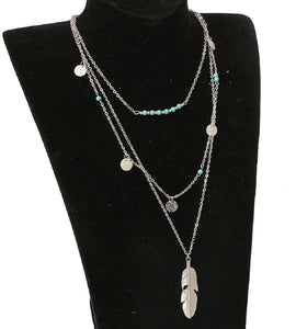 Silver Turquoise Beaded & Circle Feather 3Tier Multilayer Necklace