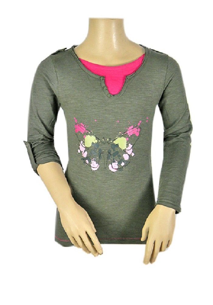 Girls Pink Olive Butterfly Mock Layer Roll Up Sleeves Cotton Tops