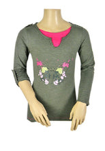Load image into Gallery viewer, Girls Pink Olive Butterfly Mock Layer Roll Up Sleeves Cotton Tops
