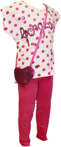 Girls Minx Cerise & White Spotty Sequin Top Dress with Cerise Leggings & Bag Set