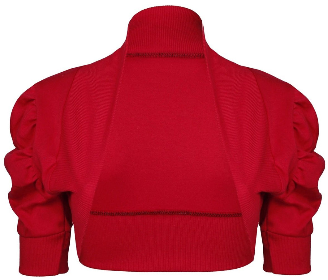 Girls Red Plain Ruche 3/4 Sleeve Bolero Shrug