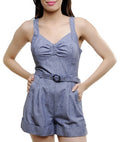 Blue Cotton Strappy Waist Belt Short Playsuit