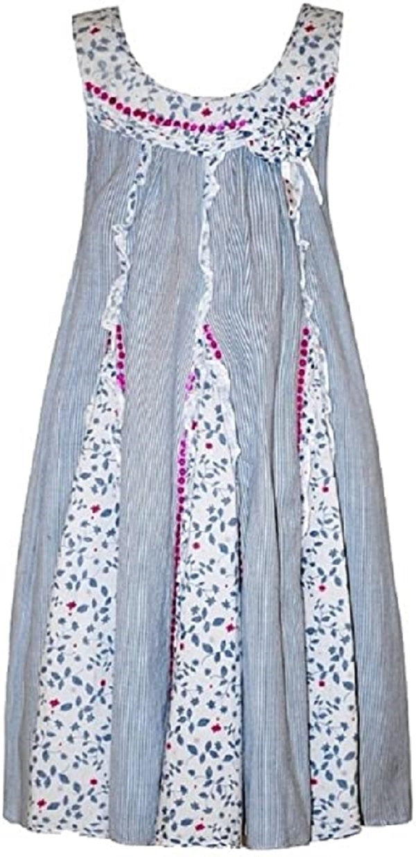 Blue striped patterned sleeveless Domino Girl dress.