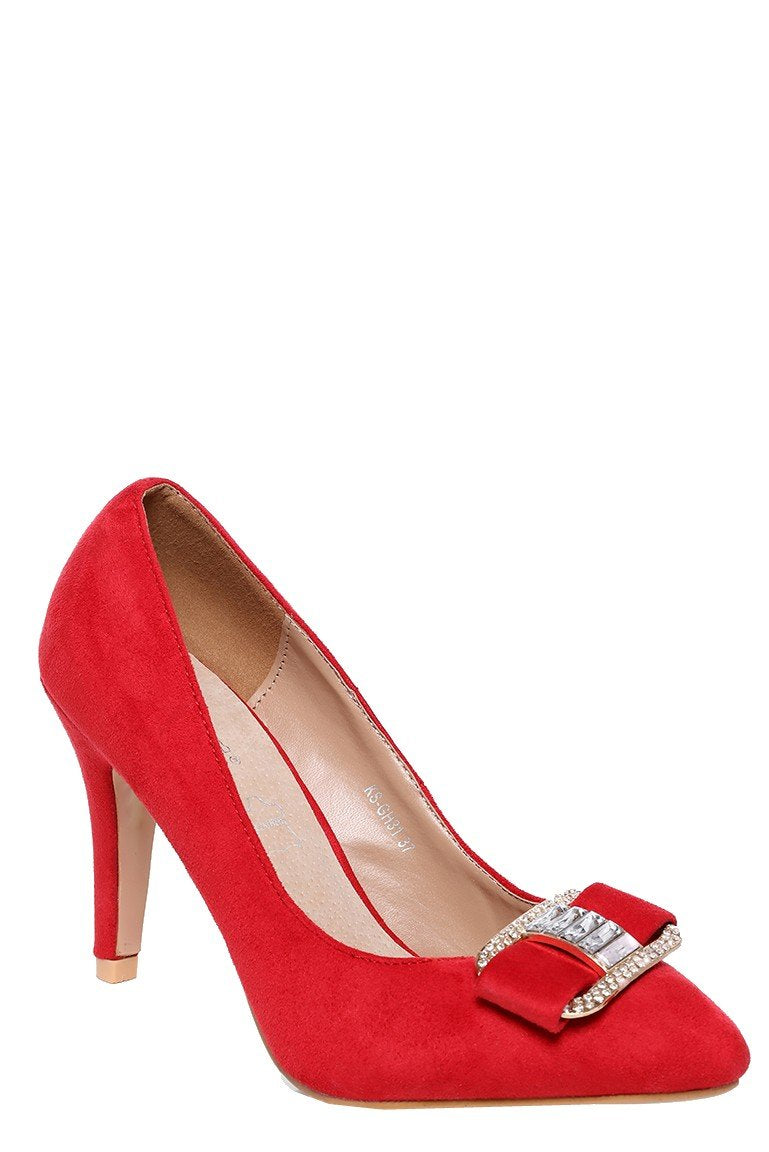 Red Faux Suede Embellished Pointed Heel Shoe