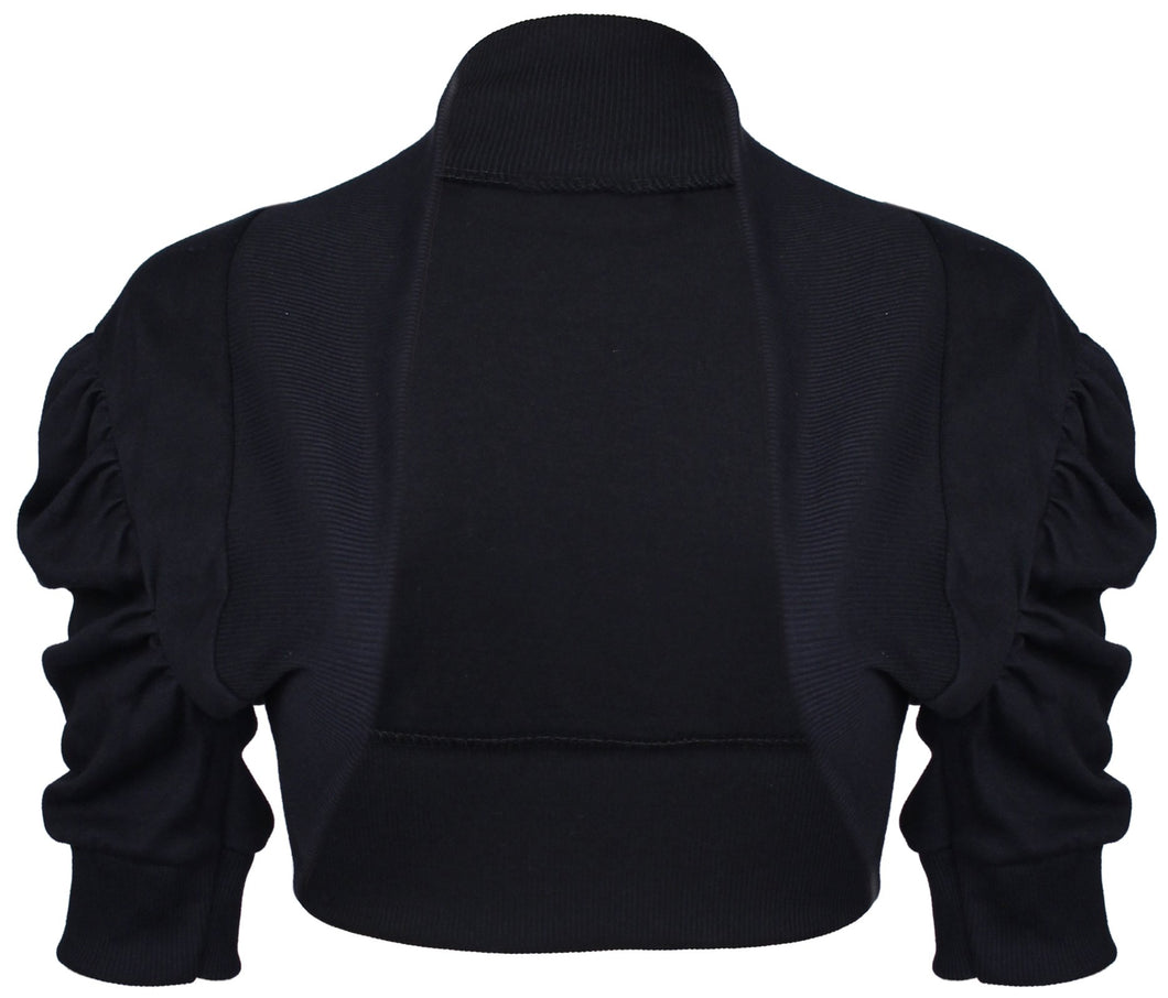 Girls Black Plain Ruche 3/4 Sleeve Bolero Shrug
