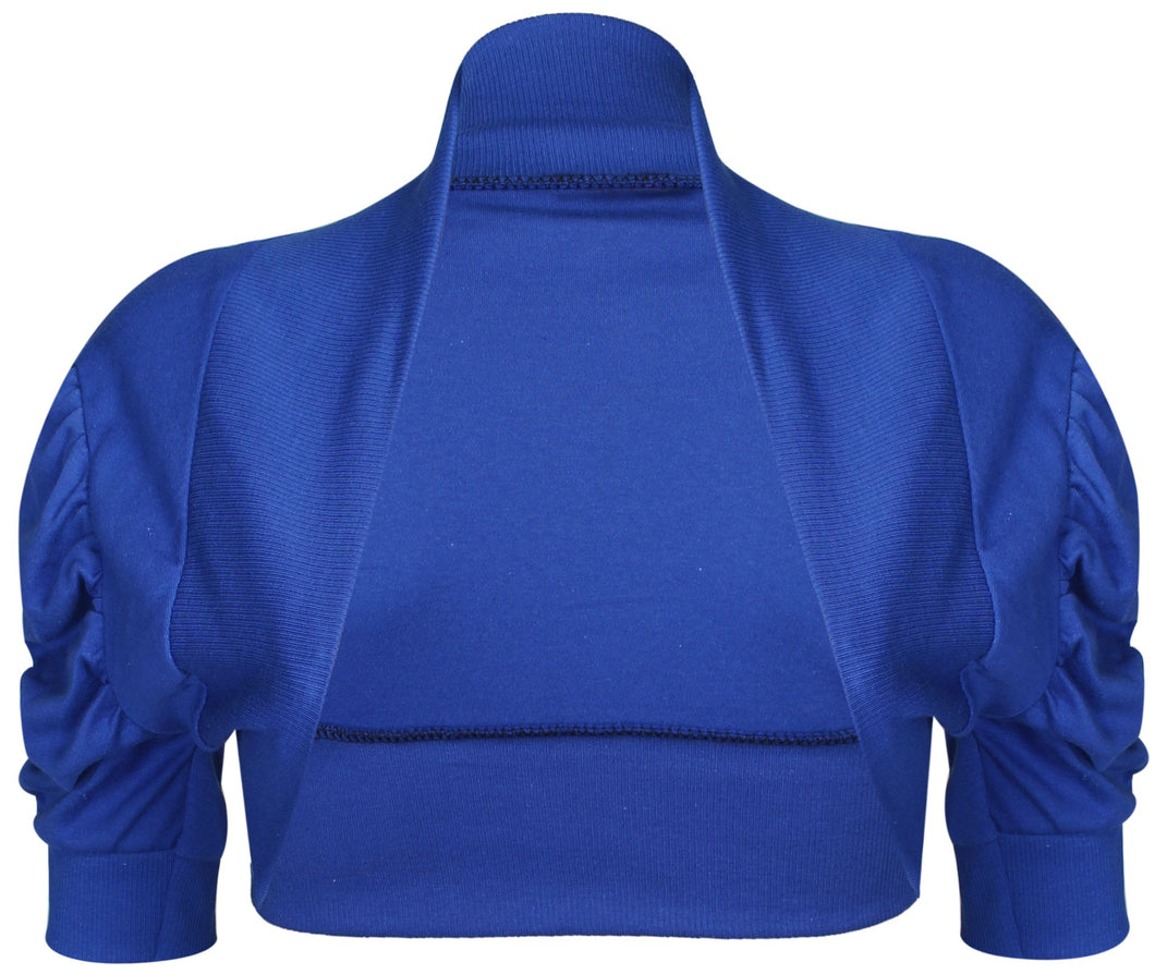 Girls Royal Blue Plain Ruche 3/4 Sleeve Bolero Shrug