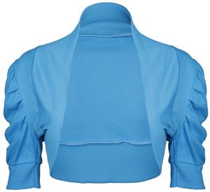 Girls Blue Plain Ruche 3/4 Sleeve Bolero Shrug