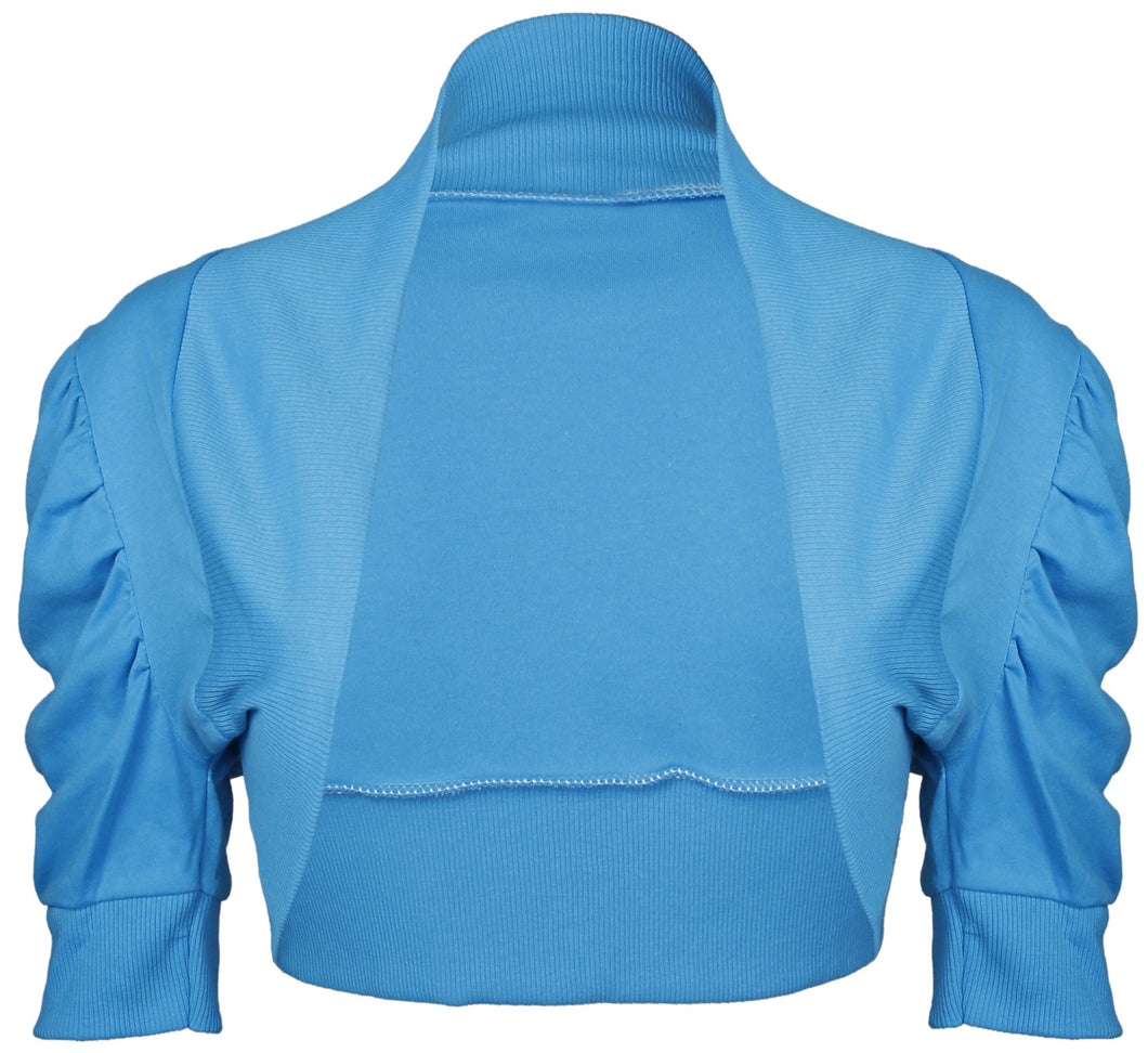 Girls Blue Plain Ruche 3/4 Sleeve Bolero Shrug