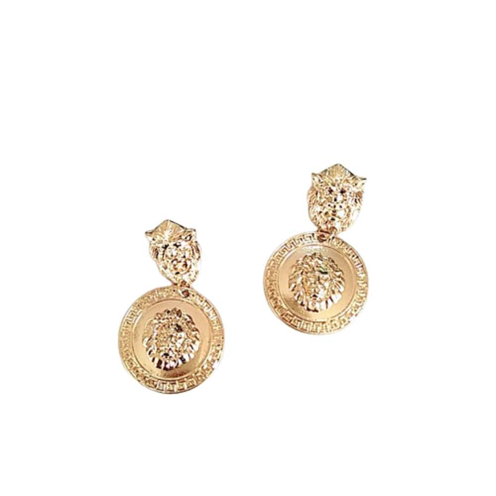 Lion Head Gold Plated Round Medusa Medallion Coin Earrings