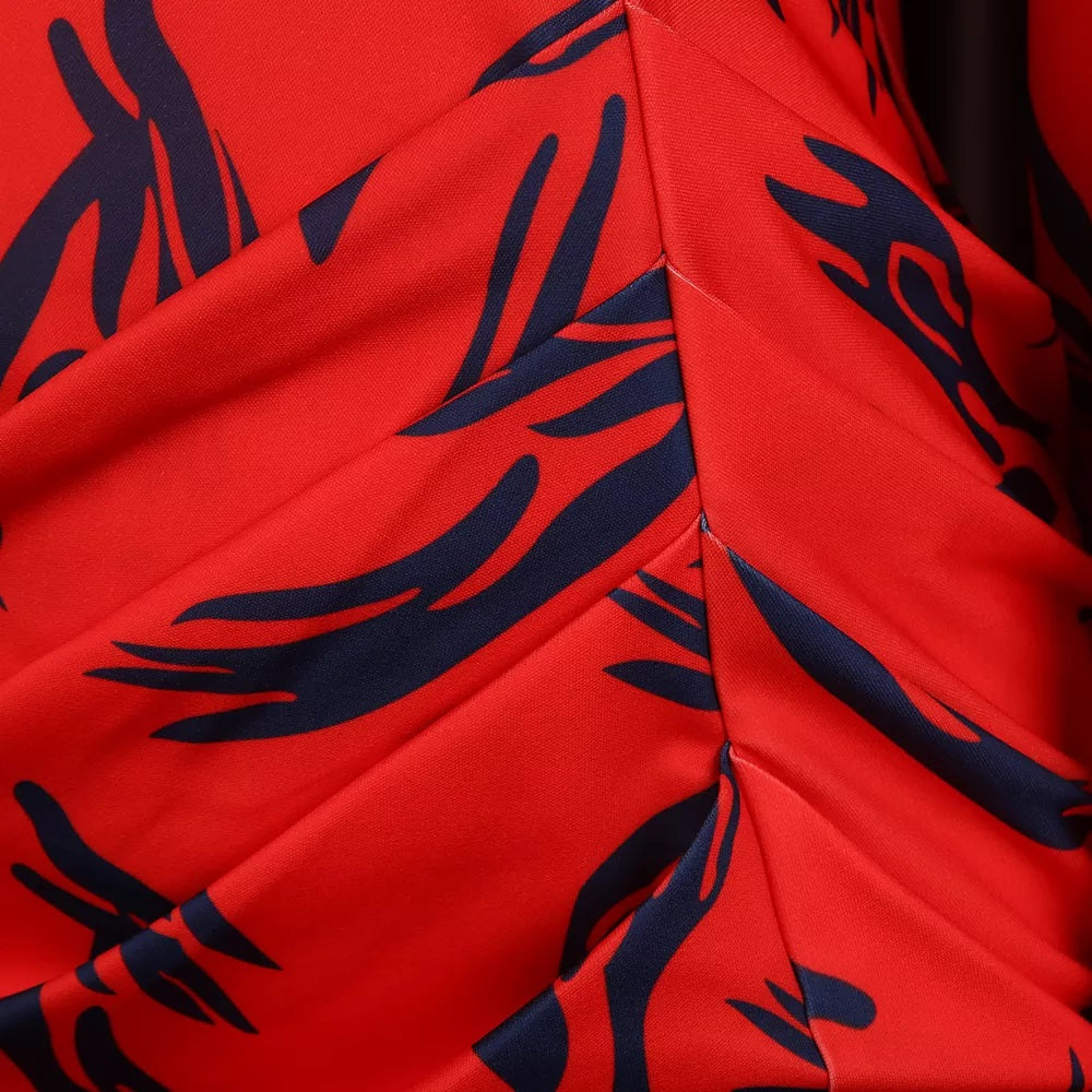 Ladies Red Navy Print V Neck Rush Elasticated Waist Dress