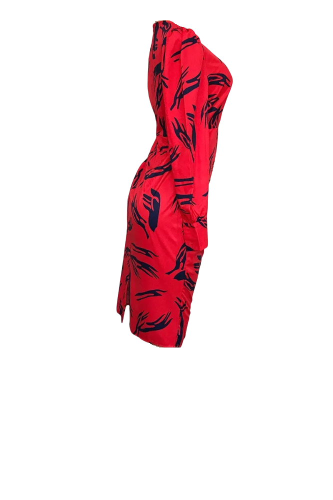 Ladies Red Navy Print V Neck Rush Elasticated Waist Dress