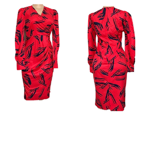 Ladies Red Navy Print V Neck Rush Elasticated Waist Dress
