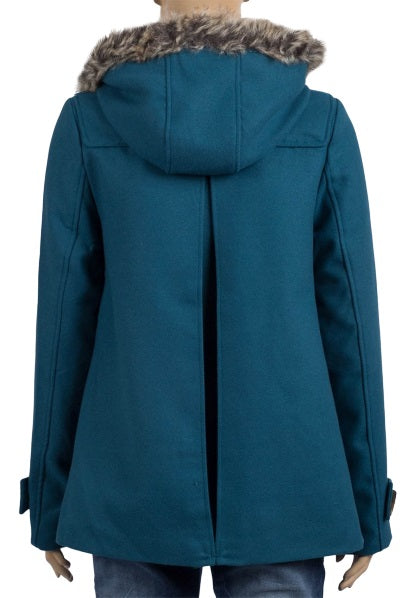 Teal Faux Fur Trim Hooded Duffle Coat