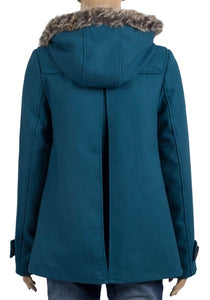 Teal Faux Fur Trim Hooded Duffle Coat