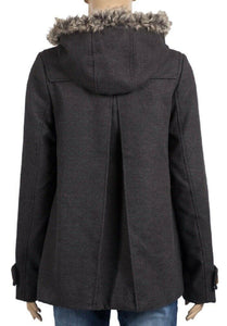 Charcoal Faux Fur Trim Hooded Duffle Coat