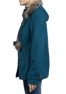Teal Faux Fur Trim Hooded Duffle Coat