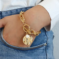 Ladies Gold Chunky InterLink Small Pearl Circle Charms Toggle Clasp Bracelets