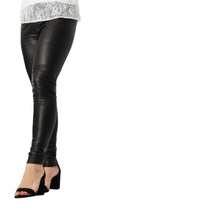 Load image into Gallery viewer, Ladies Black Tall Mid Waist Matte Faux Leather Stretchy Leggings
