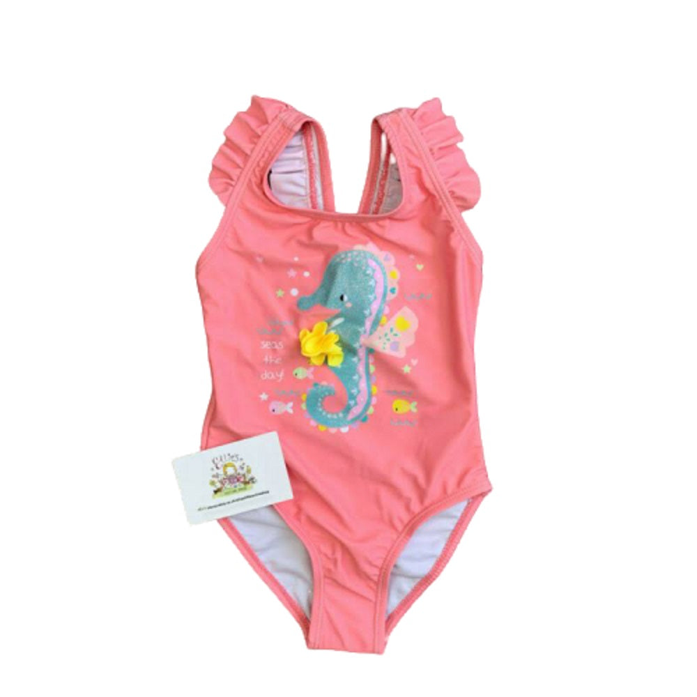 Girls Pink Seahorse Print Swimming Costume