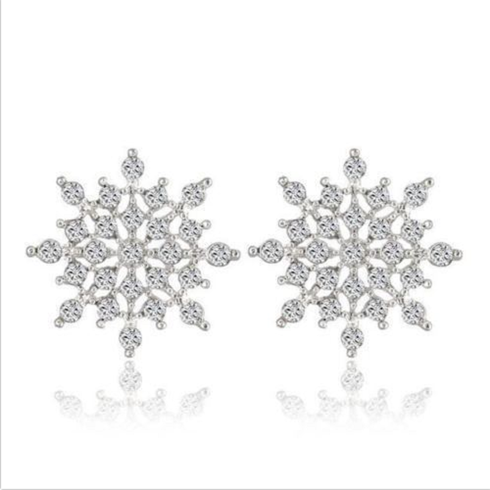 Ladies Silver Rhinestone Crystal Zircon Snowflake Flower Stud Womens Earring