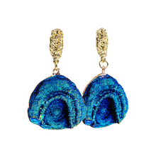 Load image into Gallery viewer, Ladies Blue Rainbow Moonstone Abstract Natural Stone Half Moon Dangling Earrings
