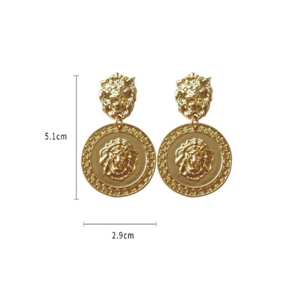 Lion Head Gold Plated Round Medusa Medallion Coin Earrings