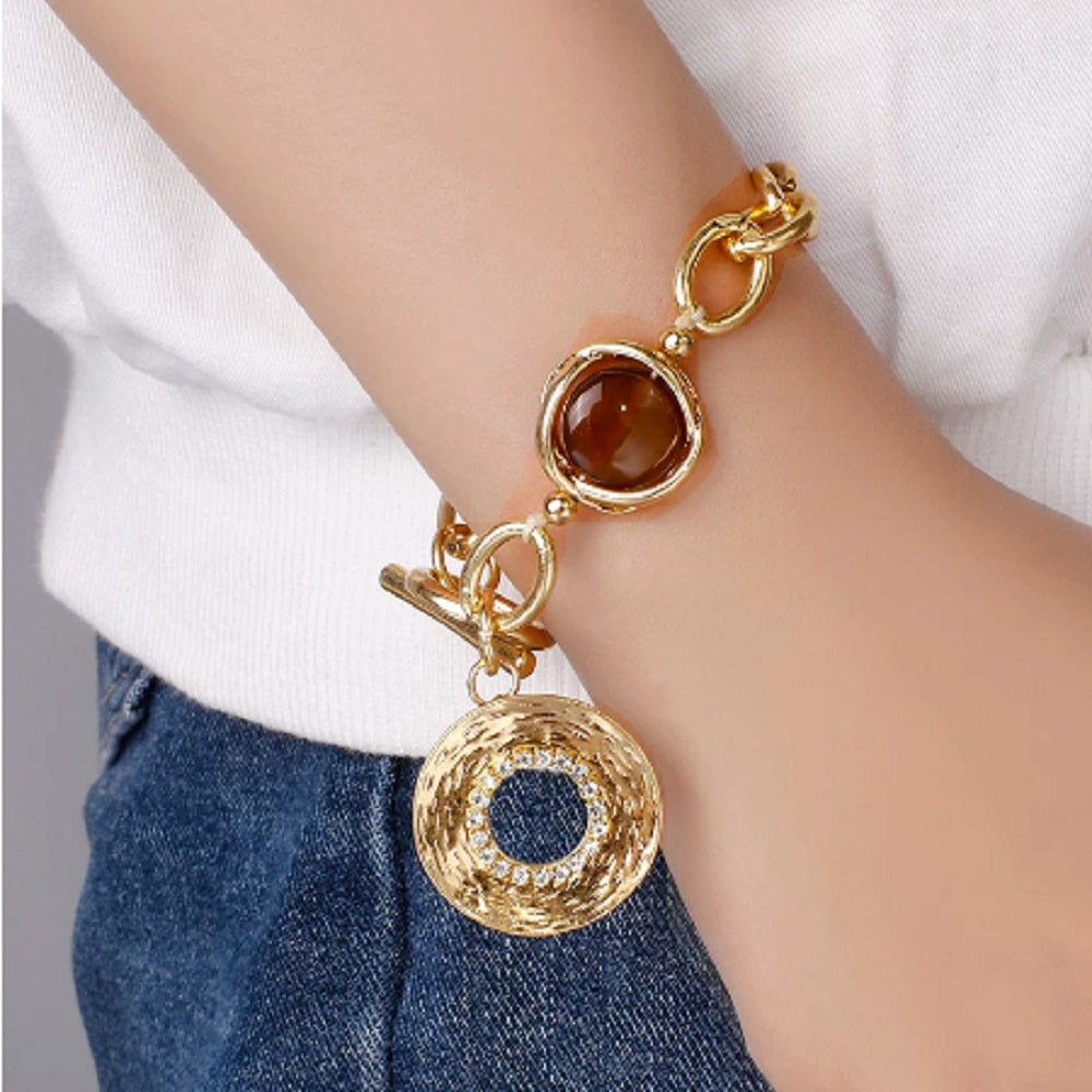 Gold Smoky Gemstone Chunky Round Link Toggle Clasp Bracelet
