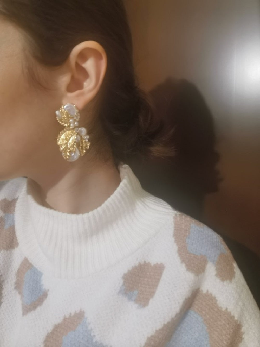 Ladies Gold Pearl Crystal Beaded Leafy Bold Earrings