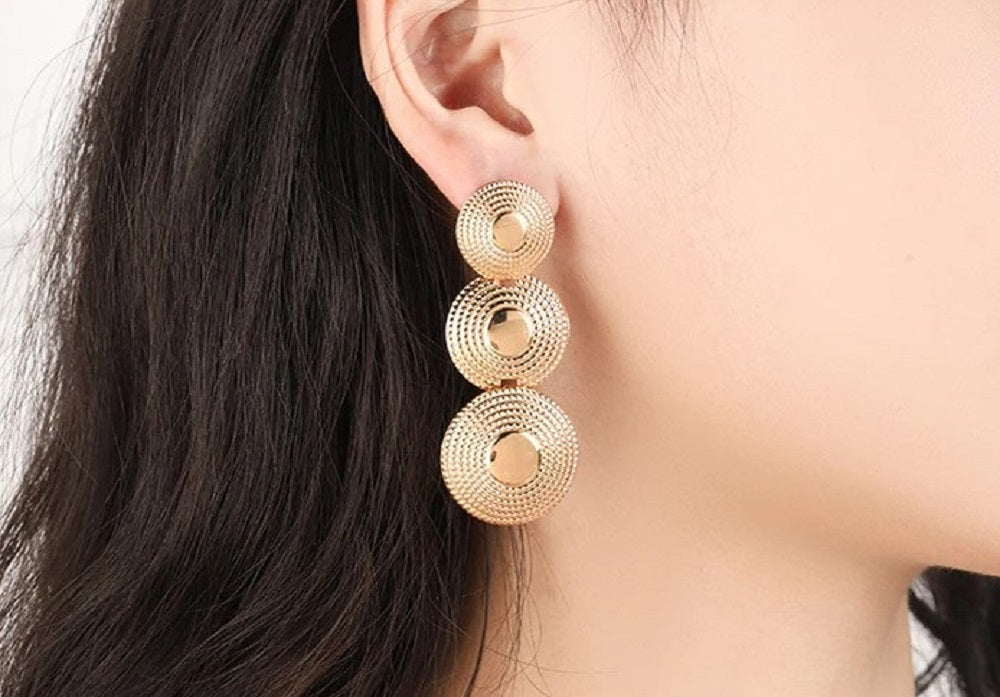 Ladies 3 Tier Round Twisted Textured Centre Dangling Earrings