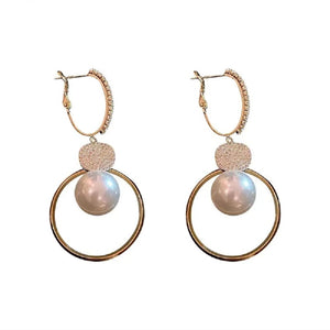 Ladies Oversized White Pearl Drop Circle Round Zircon Crystal Dangling Earrings