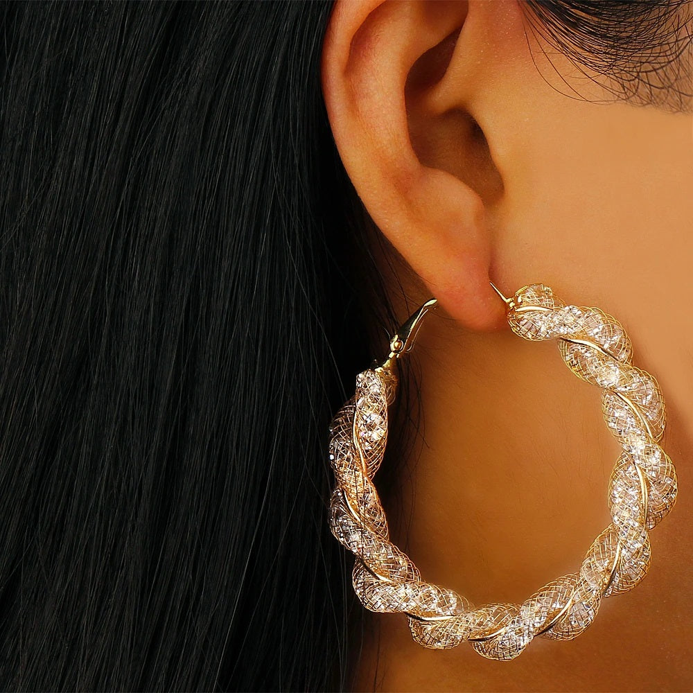 Ladies Gold Round Chunky Twist Crystal Sparkly Hoop Earrings