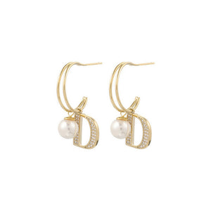 Double D Letter Shape Crystal CZ Layered Faux Pearl Stud Earrings