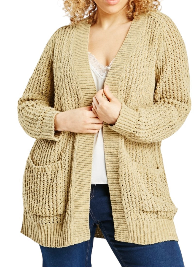 Ladies Chunky Knit Open Flap Collar Neck Front Pocket Cardigan