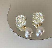 Load image into Gallery viewer, Elegant Pearl White Rose Flower Drop Dangling Earrings
