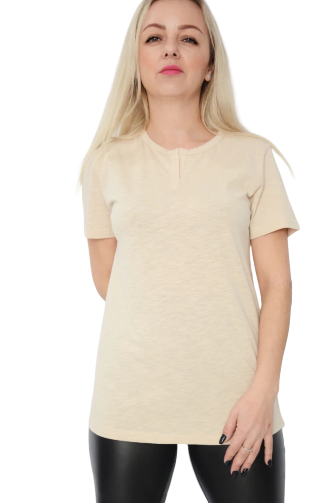Ladies Beige Front V-Neck Slit Cotton Short Sleeve T-Shirt