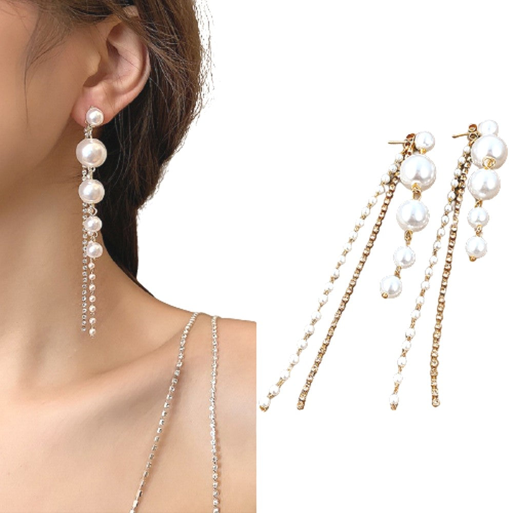 Ladies Vintage Gold Simulated Pearl Tassel Long Dangling Earrings