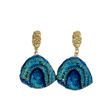 Load image into Gallery viewer, Ladies Blue Rainbow Moonstone Abstract Natural Stone Half Moon Dangling Earrings
