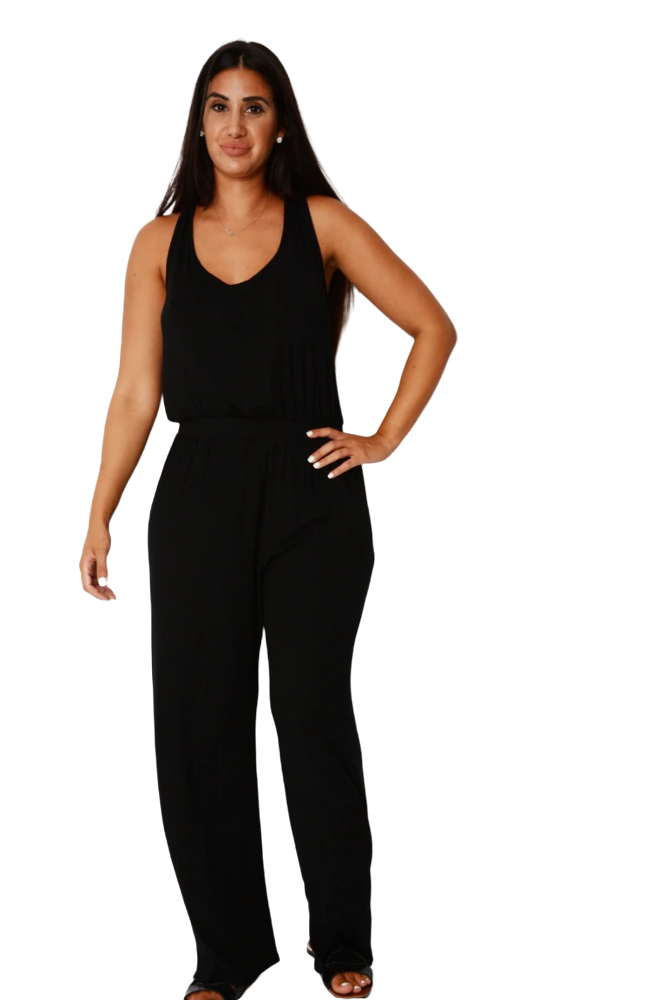 Ladies Black Round Neck Twist Cut Out Back Sleeveless Jumpsuit
