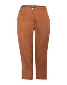 Ladies Brown 3/4 Cropped Linen Blend Plus Size Trousers