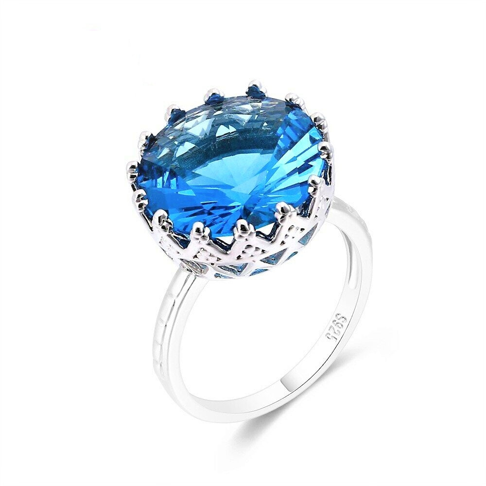 925 Silver Crown Cut Round Large Sky Blue Topaz Gemstone ring