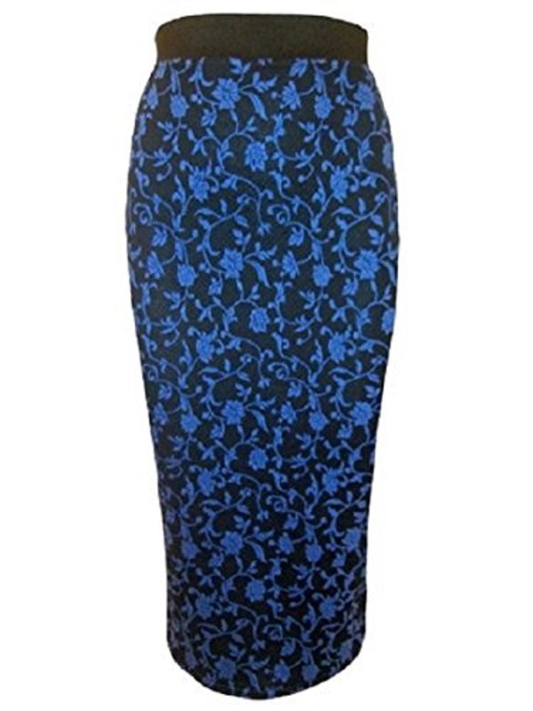 Blue Pull On Waffle Knit Midi Pencil Skirt