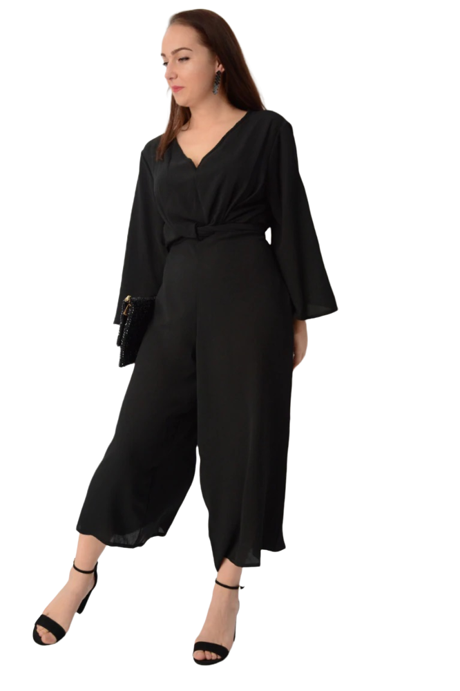 Black Crepe V Neck Front Waist Attached Belt Tie Jumpsuits